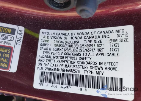 2015 Honda Cr-V Ex-L z USA, uszkodzony, nr VIN 2HKRM4H78FH682576